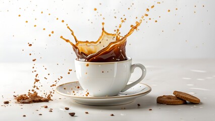 Coffee splashing out of a white cup with cookies on the side