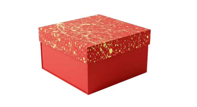Red box with gold splatter pattern sits on a background, creating contrast and visual interest.
