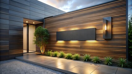 Modern house exterior with warm lighting and wood accents