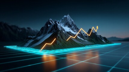 Ultra-wide panorama of a digital mountain landscape made of luminous stock graphs; glowing arrows protrude from peaks, neon grid ground, dramatic sunset sky, cinematic wide-angle lens