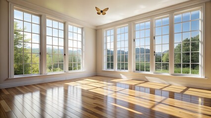 Empty room with large windows overlooking a green landscape