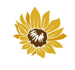 Minimalist vector of a symmetrical sunflower in gold and brown, geometric petals with stylized center, modern flat design on white background, elegant botanical art