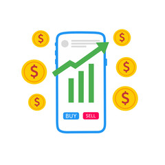 Mobile trading app with rising chart and dollar coins