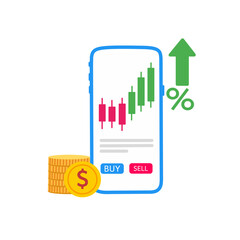 Mobile trading app with candlestick chart and profit growth