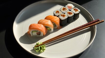 A beautifully arranged plate of fresh salmon sushi rolls and maki with chopsticks and wasabi bathed in natural sunlight