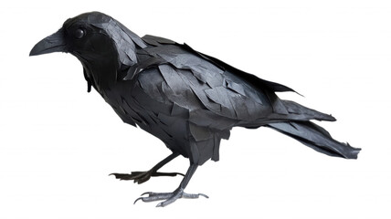 A detailed origami crow standing on a black background