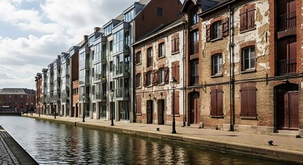 Old brick buildings with peeling paint next to modern glass apartments by a canal, showing urban renewal. Gentrification concept.