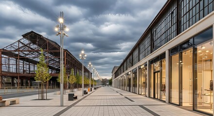 Long pedestrian street with modern shops, green trees, benches, and renovated industrial buildings at dusk. Urban planning.
