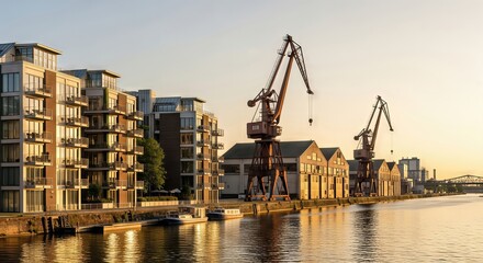 Modern residential buildings along a river with old industrial cranes. Urban transformation and waterfront revitalization concept.