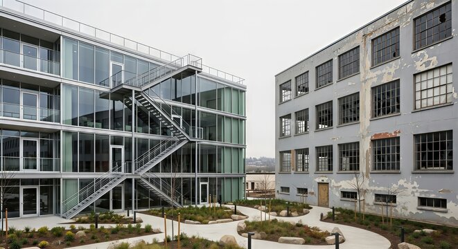 Fototapeta Modern glass building with external staircase next to old industrial building. Urban architectural contrast of gentrification.