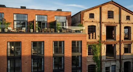 Obraz premium New brick apartment building with rooftop terrace alongside old abandoned residential house, urban renewal and gentrification concept.