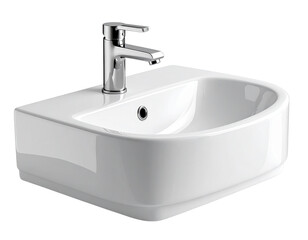 Elegant Minimalist White Basin with Polished Chrome Faucet isolated on transparent background PNG