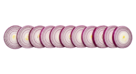Rows of sliced red onions show concentric rings against a stark background, creating repeating patterns.