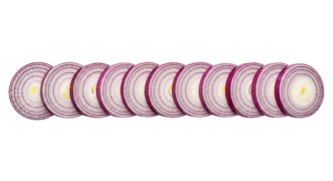 Rows of sliced red onions show concentric rings against a stark background, creating repeating patterns.