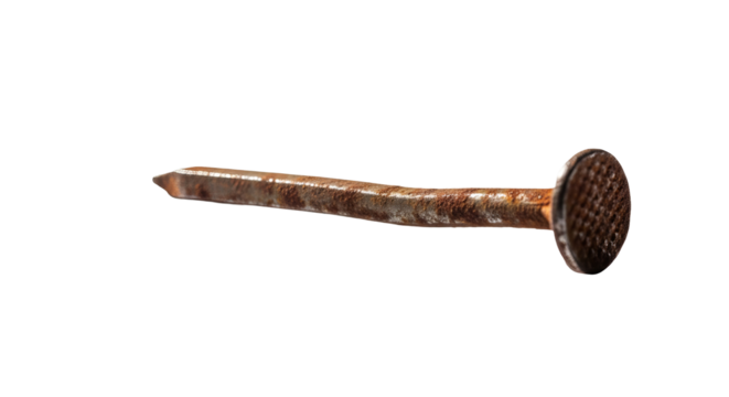 Rusty nail lies horizontally against a stark isolated background, showing its corroded surface and distinct shape.