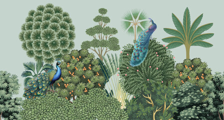 Seamless Mughal Garden Illustration, Mughal Wall Mural, Peacock, Wedding Wallpaper, Mughal Tree, Palm Tree. © Sharif