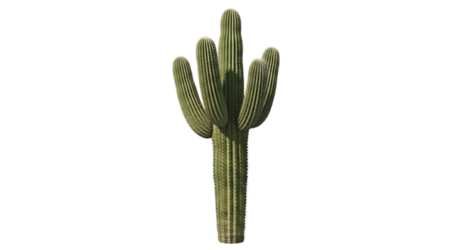 Saguaro cactus stands prominently showing off its ribbed green trunk and multiple arms in a studio setting.