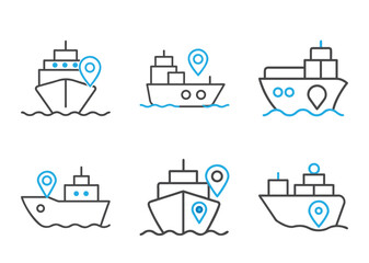 Six Shipping Container Boat Icons with Navigation Location Markers in Blue