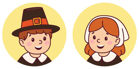 Cute pilgrim portraits. Thanksgiving design. Vector illustration