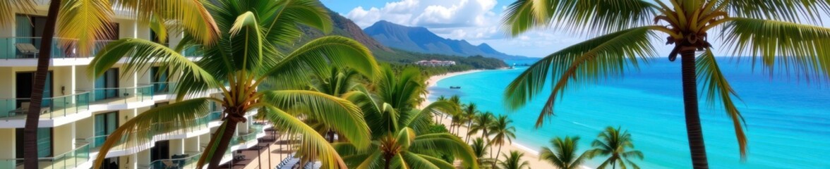 Lush palm trees frame modern hotel balconies overlooking a tropical coastline, relaxation, hotel