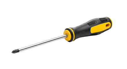 Screwdriver is displayed against a dark , showing its yellow and handle along with its silver shaft.