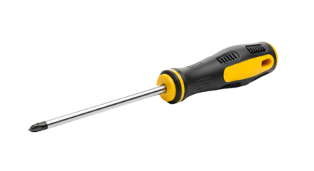 Screwdriver is displayed against a dark , showing its yellow and handle along with its silver shaft.