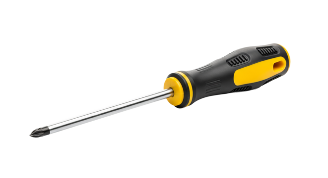 Screwdriver is displayed against a dark , showing its yellow and handle along with its silver shaft. - Powered by Adobe