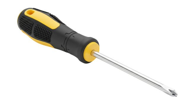Screwdriver lies diagonally displaying yellow and handle with a silver shaft against a stark isolated background.