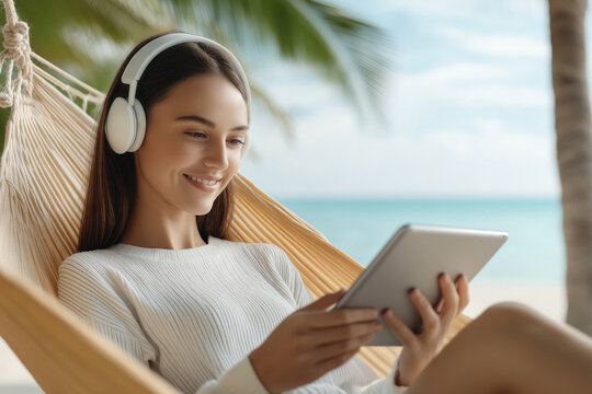 Young woman in hammock on tropical beach wearing headphones, smiling while using a tablet to browse and listen to music, relaxed and enjoying a sunny island getaway