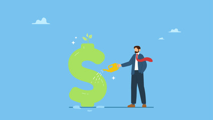 Businessman investor watering sprout or seedling plant growing from dollar sign. Growth investment, saving and financial prosperity, money increase or profit from growing business.