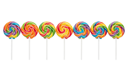 Seven colorful lollipops stand in a row against a background, displaying vibrant swirled patterns and sticks.