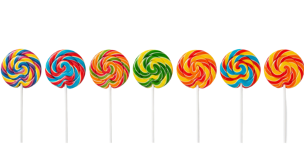 Seven colorful lollipops stand side by side, each with a unique swirl pattern and a stick.