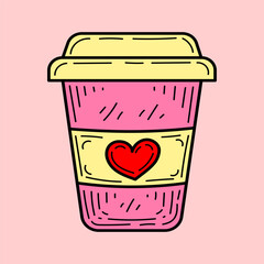 Cup of coffee with heart for Valentines Day. Hand drawn flat vector. Romantic holiday. Postcard celebrating love. Doodle illustration.