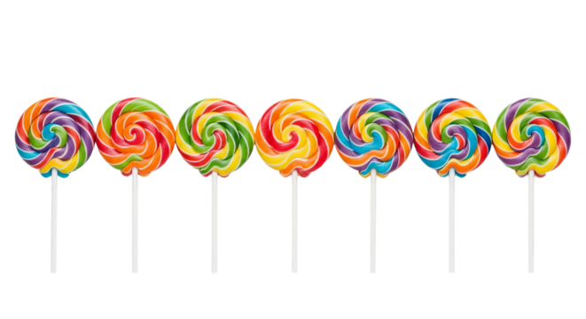 Seven colorful lollipops stand in a row against a background, displaying vibrant swirled patterns and sticks.