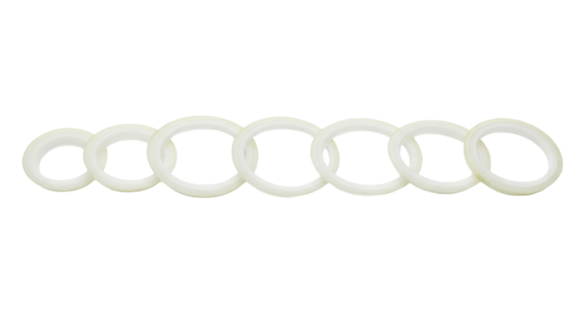 Seven interlocking rings form a horizontal chain against a dark, contrasting background.