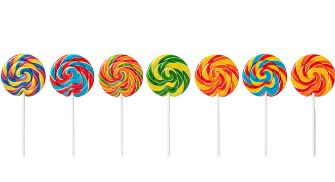 Seven colorful lollipops stand side by side, each with a unique swirl pattern and a stick.