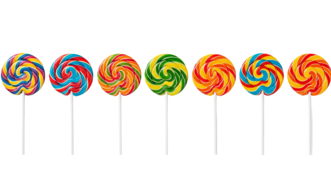 Seven colorful lollipops stand side by side, each with a unique swirl pattern and a stick.