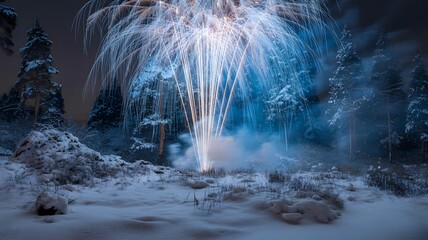 Ethereal winter wonderland scene with a glowing light source illuminating icy formations and snow covered trees