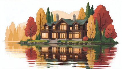 Wooden lakeside lodge surrounded by colorful autumn trees with a clear reflection in the water