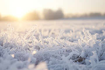 breathtaking sight of frost covering a picturesque grassy field, highlighting intricate ice patterns, stunning simplicity of a monochromatic palette, and peaceful ambiance of a tranquil winter dawn   