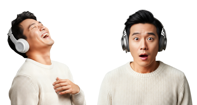 Headphones reaction portraits of man laughing and surprised in studio, premium over‑ear audio lifestyle set — Isolated on transparent background, png