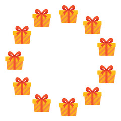 Round frame with gift boxes. Festive design. Isolated background. Flat style vector illustration