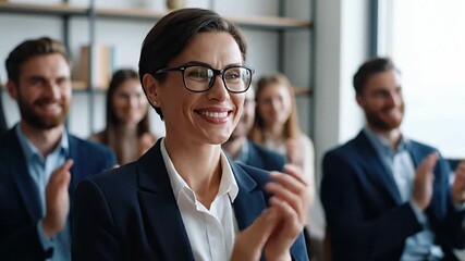 A happy businesswoman with glasses smiling and applauding enthusiastically with her colleagues during a successful business conference, seminar, or meeting.
