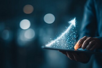 Macro shot of a businesspersonâ€™s hand holding a glowing holographic arrow icon rising over a tablet, soft-focus office background, moody lighting with deep blue tones, high-detail