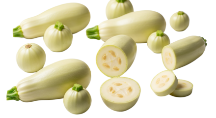 Several light green zucchinis and round squashes are arranged together, some whole and some cut open showing seeds.