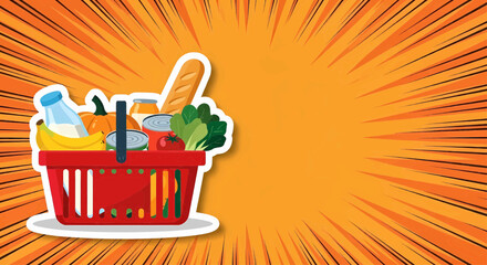 Pop art vector illustration design of a shopping basket with groceries and food products for a market sale on a colorful background for the supermarket