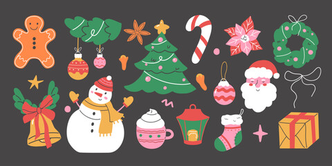 Christmas set of fun vintage stickers in a modern style. spruce, Santa, snowman, gifts, gingerbread. Hand-drawn in a vintage style
