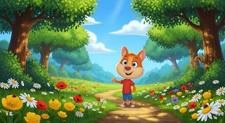 Cartoon fox waving on a path through a flower filled meadow with trees and squirrels in the background