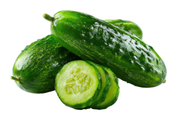 Slicing fresh cucumbers for healthy salads at home kitchen food isolated on transparent background