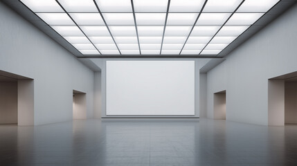 Realistic gallery hall with large blank wall for artwork display, illuminated ceiling panels and clean modern interior, perfect for design presentation